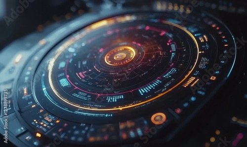 Wallpaper Mural Futuristic circular interface with glowing lights and data streams in a dark tech environment Torontodigital.ca