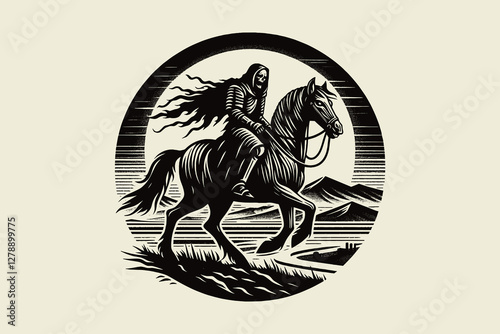 Apocalypse rider on a horse, skull-faced, vintage engraving