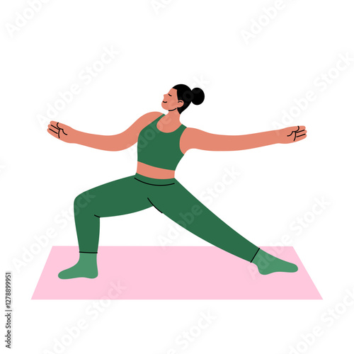 Yoga Fitness Illustration. Flat-style illustration of a girl doing Virabhadrasana (Warrior Pose) on a yoga mat. Perfect for wellness blogs, yoga studios, fitness guides, and meditation apps.