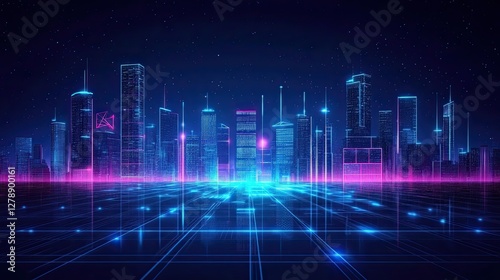 A cityscape with neon lights and buildings in the background