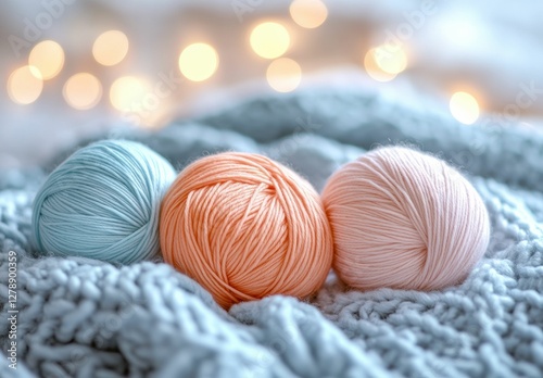 Pastel colored yarn balls and knitted fabric are paired with a soft golden bokeh, creating a warm, inviting scene. photo