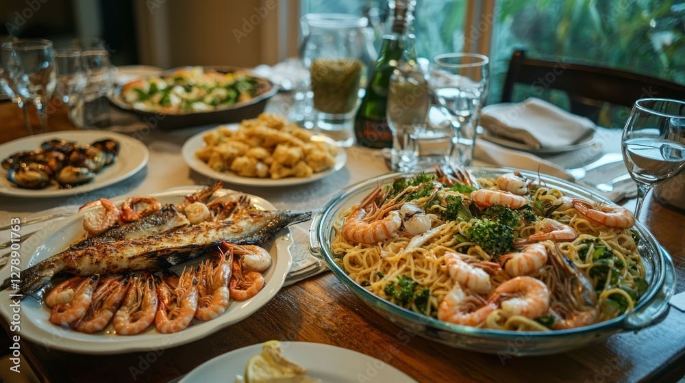 A family dining table set with a variety of seafood meals, including shrimp pasta, grilled fish, and side dishes. A family dining table set with a variety of seafood meals, including shrimp pasta, grilled fish, and side dishes.