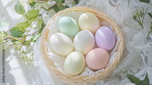 Elegant Easter Basket with Collection of Pastel Colored Eggs photo