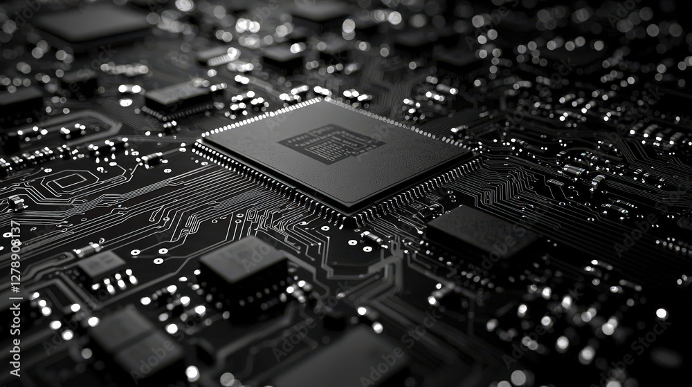 Microprocessor and Circuit Board with Silicon Chips on Dark Background in Technological Setting Microprocessor and Circuit Board with Silicon Chips on Dark Background in Technological Setting