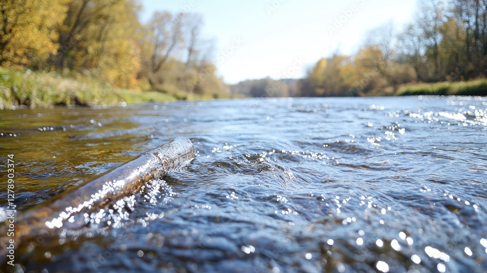 Fototapeta premium Flowing river water with a wet branch in the foreground during a bright autumn day.