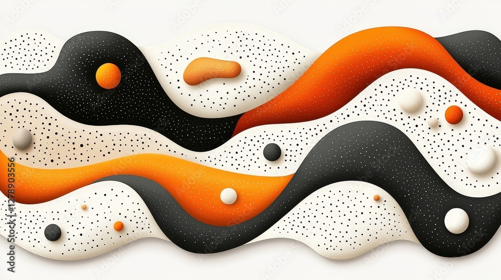 Obraz premium Abstract Wave Design with Black, White, Orange, and Textured Circular Shapes in a Modern Style