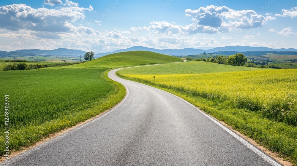 A scenic road winds through a lush green field, leading towards a distant mountain under a clear sky, embodying tranquility and natural beauty. A scenic road winds through a lush green field, leading towards a distant mountain under a clear sky, embodying tranquility and natural beauty.