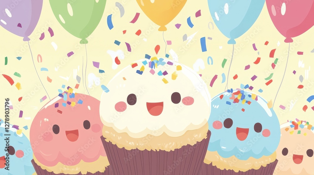 Colorful Cupcakes with Smiling Faces and Festive Balloons Colorful Cupcakes with Smiling Faces and Festive Balloons