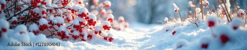 Snowberry bush with white snow-covered branches and berries, forest floor, forest, snowberries