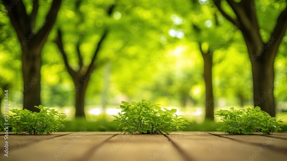 Obraz premium Lush trees and vibrant grass thrive on a rustic wooden floor, creating a unique park ambiance that blends nature with an artistic setting.