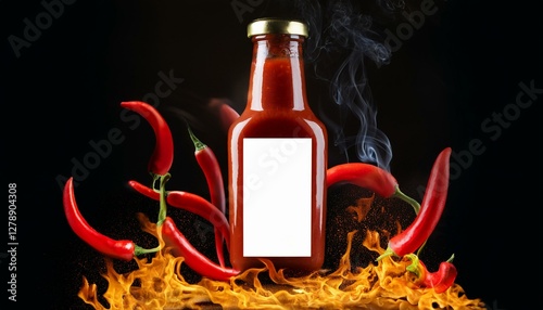 Chilly sauce or ketchup in glass bottle made of red hot chili peppers on black background  photo