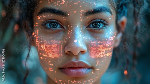 A woman's face with digital data projected onto it, creating a blend of human and technology