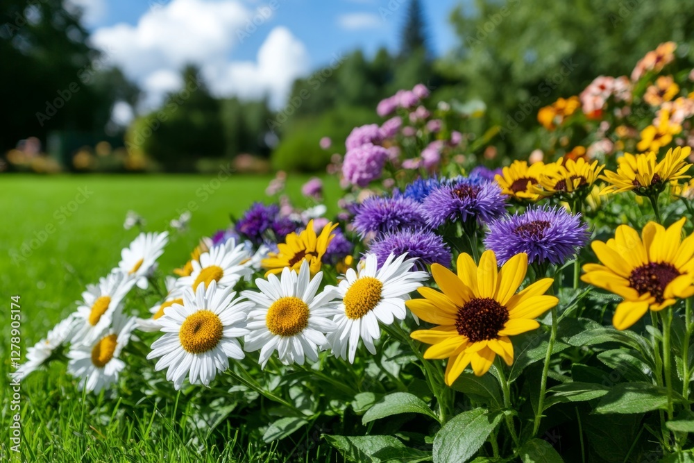 Beautiful flower garden with blooming asters and different flowers in sunlight, landscape design Beautiful flower garden with blooming asters and different flowers in sunlight, landscape design