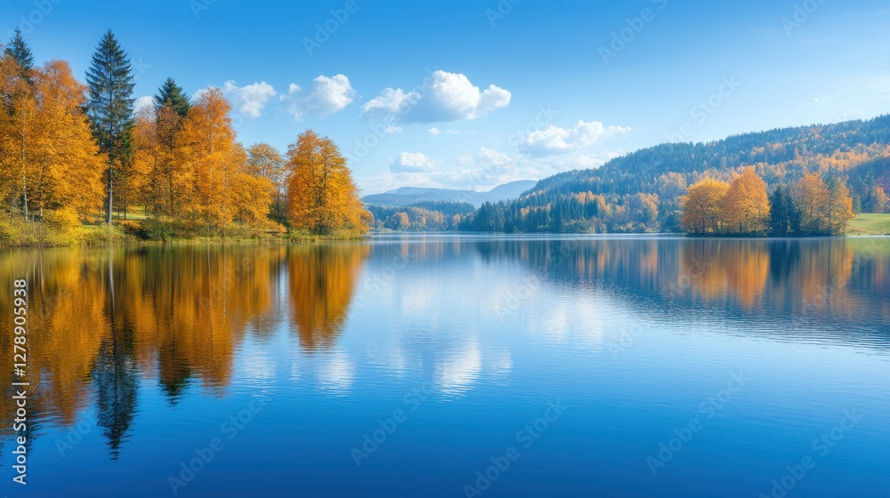Obraz premium A serene landscape featuring trees mirrored in a tranquil lake, with majestic mountains rising beautifully in the background.