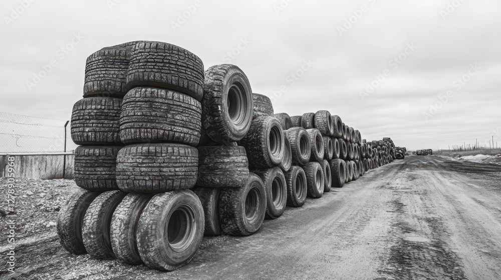 A pile of tires is arranged vertically on a dirt road, showcasing their worn surfaces and varied sizes against the natural landscape. A pile of tires is arranged vertically on a dirt road, showcasing their worn surfaces and varied sizes against the natural landscape.