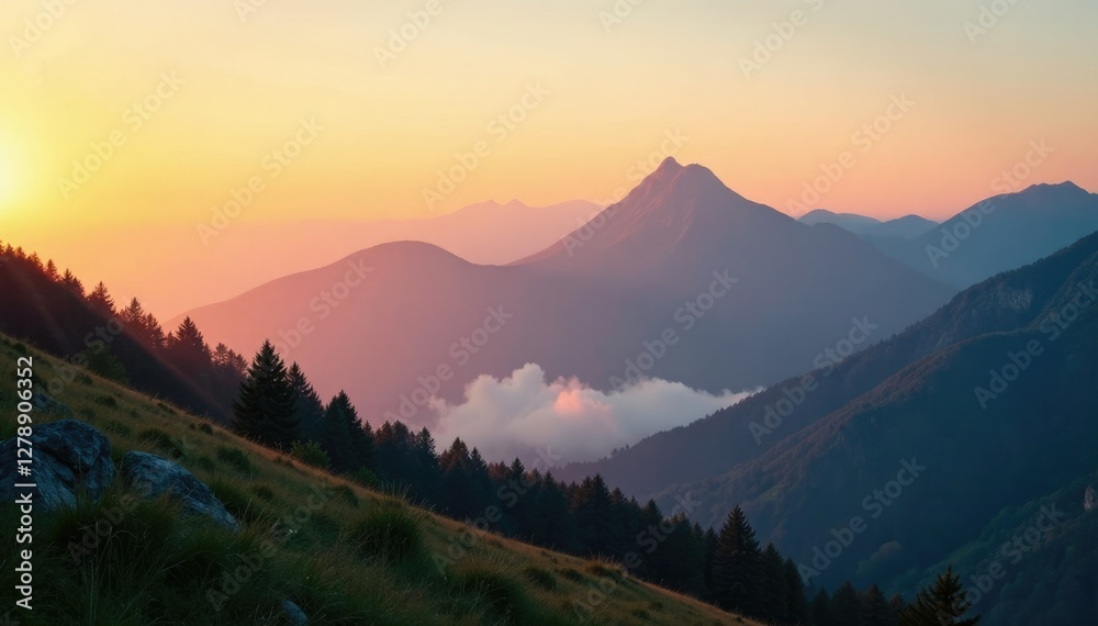Obraz premium Soft golden light filters through misty veil on mountain peaks at dusk, serene scenery, golden light