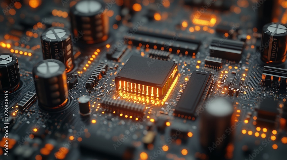 A close-up of a circuit board with glowing orange lights and various electronic components A close-up of a circuit board with glowing orange lights and various electronic components