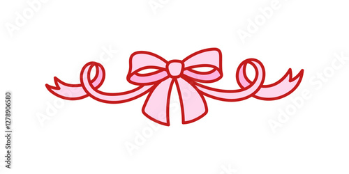 Coquette pink bow of ribbon. Beautiful holiday decorative element, festive gift decor. Cute bowknot. Vector isolated clip art