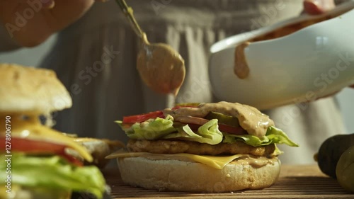 Cook pours generous amount of sauce onto burger, based on mayonnaise and ketchup. This gives burger delicious, juicy taste, but it also has high calorie content, making it fatty junk food. Close up.