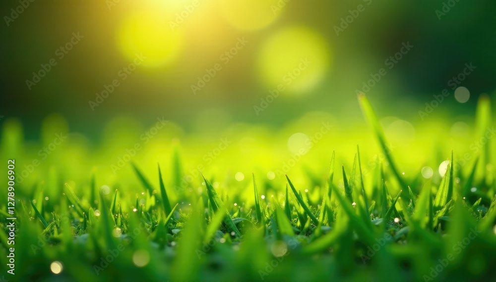 Obraz premium Softly lit green grass sparkles with dew drops under Honolulu's sunny sky, droplets, sunny