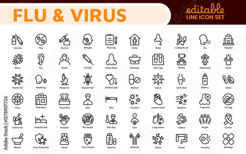 Flu & Virus Icon Set. An essential collection of icons designed to promote health awareness, perfect for enhancing medical materials, educational content, and public health campaigns.