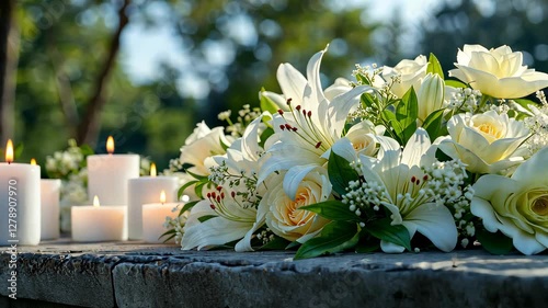 Serene Memorial: A solemn display of lit candles and a pristine floral arrangement, symbolizing remembrance and peace in a natural outdoor setting, evoking feelings of comfort and respect.