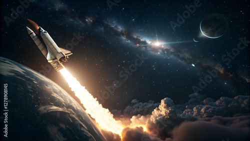 Fototapeta Naklejka Na Ścianę i Meble -  space station in space lunching a rocket 