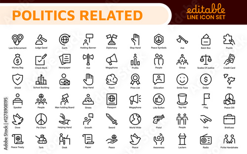 Politics Icon Set: A comprehensive collection of icons representing political themes, perfect for enhancing campaign materials, educational resources, and civic engagement initiatives.