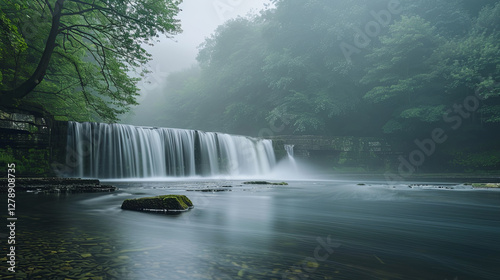 Misty Waterfall Flowing into a Tranquil River