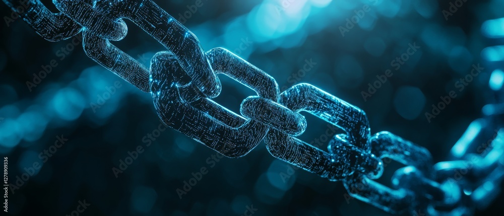 A textured digital chain made of blue pixels signifies the robust and ongoing connectivity essential in the digital era. A textured digital chain made of blue pixels signifies the robust and ongoing connectivity essential in the digital era.
