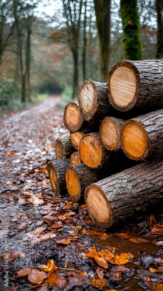 Stacked Logs on Forest Path Autumn Woods Nature Photography Tranquil Environment Ground Level Perspective Rustic Beauty