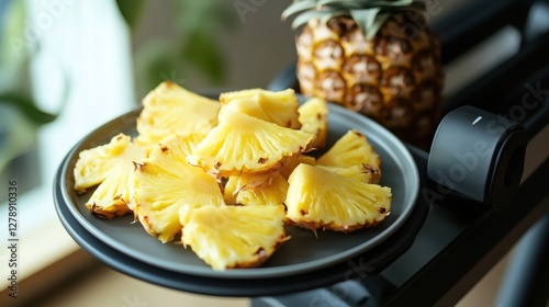 Sliced Pineapple Pieces On A Gray Plate Beside A Whole Pineapple photo