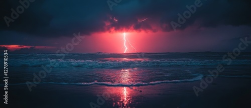 A lightning bolt splits the dusky sky, mirrored on the ocean's surface, as waves crash beneath the intense pink hue of the storm. photo