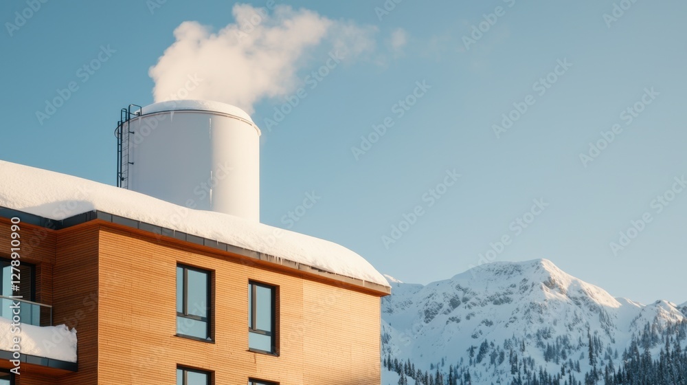 Impact of Winter Weather on Water Systems Concept, Frosted Water Tank with Steam on a Snowy Mountain Building Under Clear Blue Sky Impact of Winter Weather on Water Systems Concept, Frosted Water Tank with Steam on a Snowy Mountain Building Under Clear Blue Sky