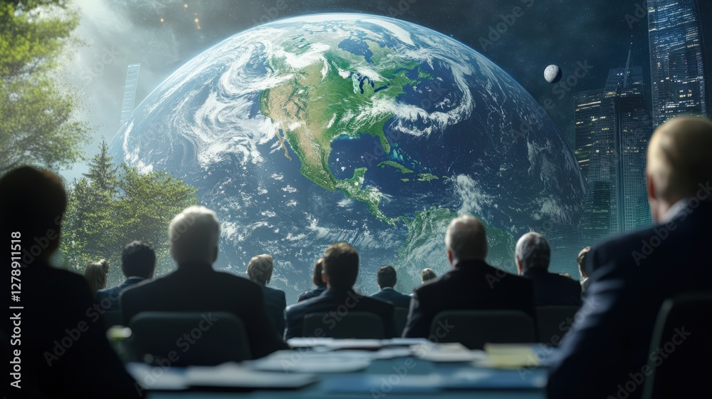 A group of people are sitting in a room looking at a large globe
