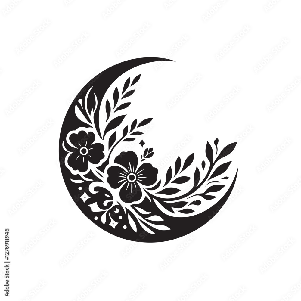 Floral Crescent Moon SVG black and white silhouette vector design Floral Crescent Moon SVG black and white silhouette vector design