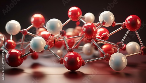 A molecular model featuring spherical atoms connected by rods, with red and white spheres photo