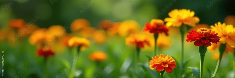Yellow and red marigold flowers in a green garden, earthy tone, garden, scenery Yellow and red marigold flowers in a green garden, earthy tone, garden, scenery