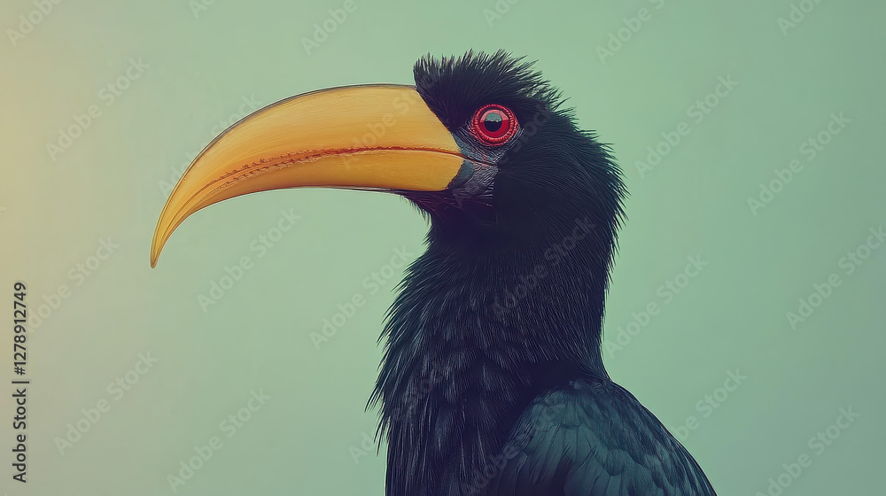 Fototapeta premium A majestic hornbill in profile view, perched elegantly, its curved yellow beak prominent against a clean