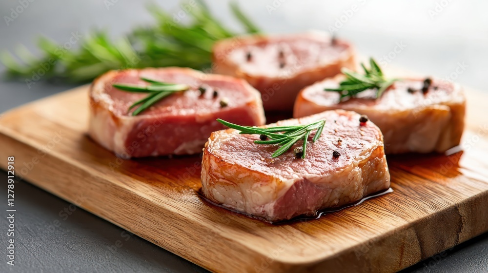 Meat resting techniques showcased on a wooden cutting board with herbs soft lighting culinary photography kitchen setup delicious presentation Meat resting techniques showcased on a wooden cutting board with herbs soft lighting culinary photography kitchen setup delicious presentation