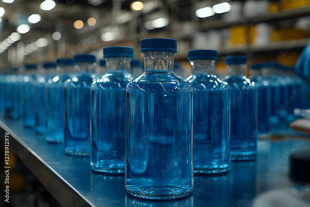 Rows of Blue Liquid Filled Glass Bottles on Production Line in a Factory Setting Rows of Blue Liquid Filled Glass Bottles on Production Line in a Factory Setting