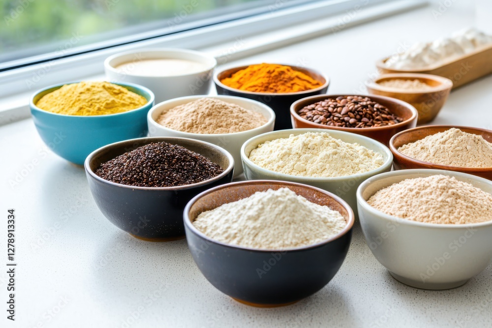 Making gluten-free cake with almond flour in a well-lit kitchen colorful ingredients displayed in bowls Making gluten-free cake with almond flour in a well-lit kitchen colorful ingredients displayed in bowls
