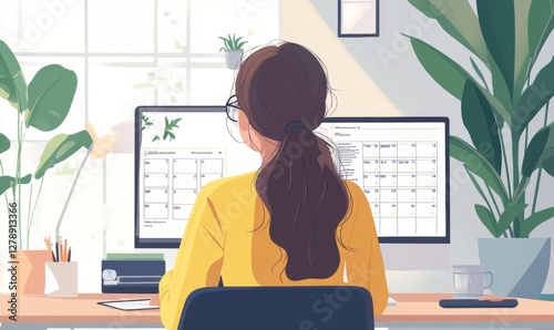 Woman writing in planner and organizing schedule at desk, planning upcoming events and tasks, time management and productivity concept