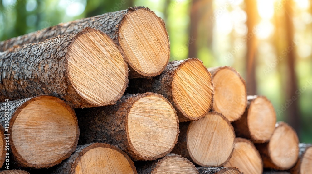 Freshly Cut Logs Stacked Neatly in a Sunlit Forest Nature Photography Tranquil Environment Close-Up Viewpoint Freshly Cut Logs Stacked Neatly in a Sunlit Forest Nature Photography Tranquil Environment Close-Up Viewpoint