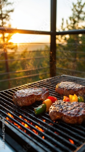 Grilling meat doneness standards for steaks on a grill at sunset outdoor cooking culinary photography relaxed atmosphere warm lighting photo