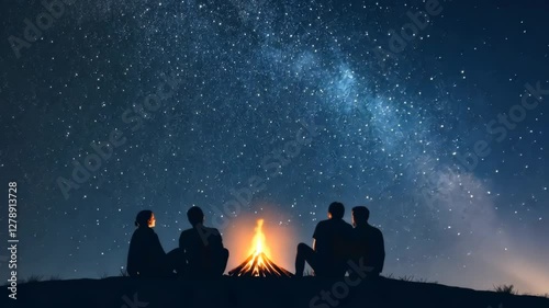 Friends enjoy a night by the campfire under stars