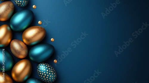 Top View of Decorated Blue and Gold Easter Eggs  photo