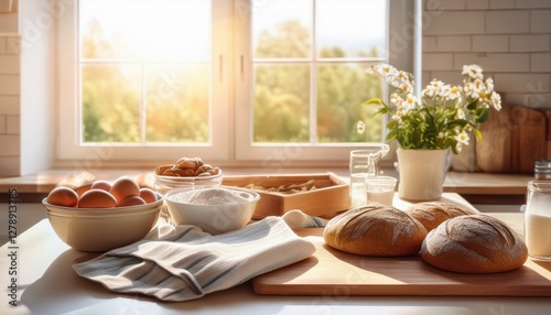 Pains et pâtisseries, œufs, farine et autres ingrédients de cuisson dans des bols, photo