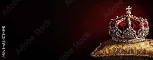 Illustration featuring a royal golden crown adorned with jewels resting on a luxurious golden pillow.