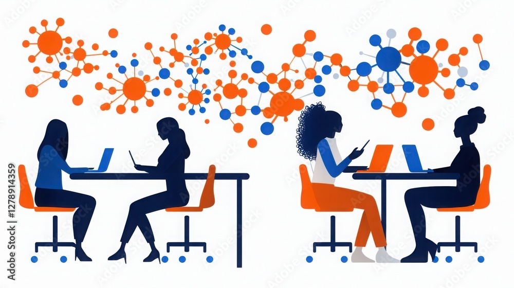 The image features silhouettes of women sitting at tables with laptops, surrounded by colorful abstract designs, symbolizing collaboration and technology. The image features silhouettes of women sitting at tables with laptops, surrounded by colorful abstract designs, symbolizing collaboration and technology.